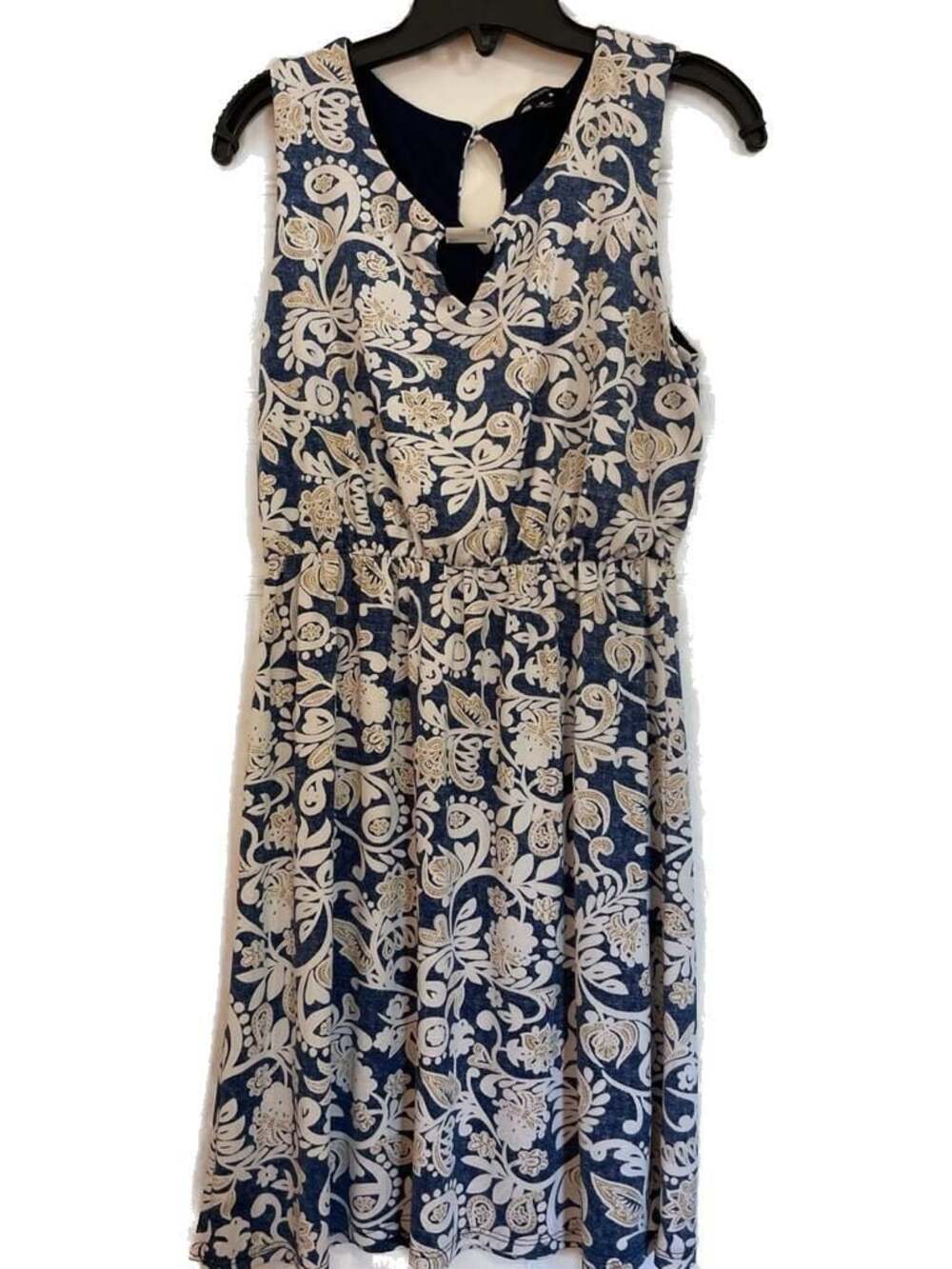 Espresso Blue and White Floral Paisley Sleeveless Keyhole Dress Size M